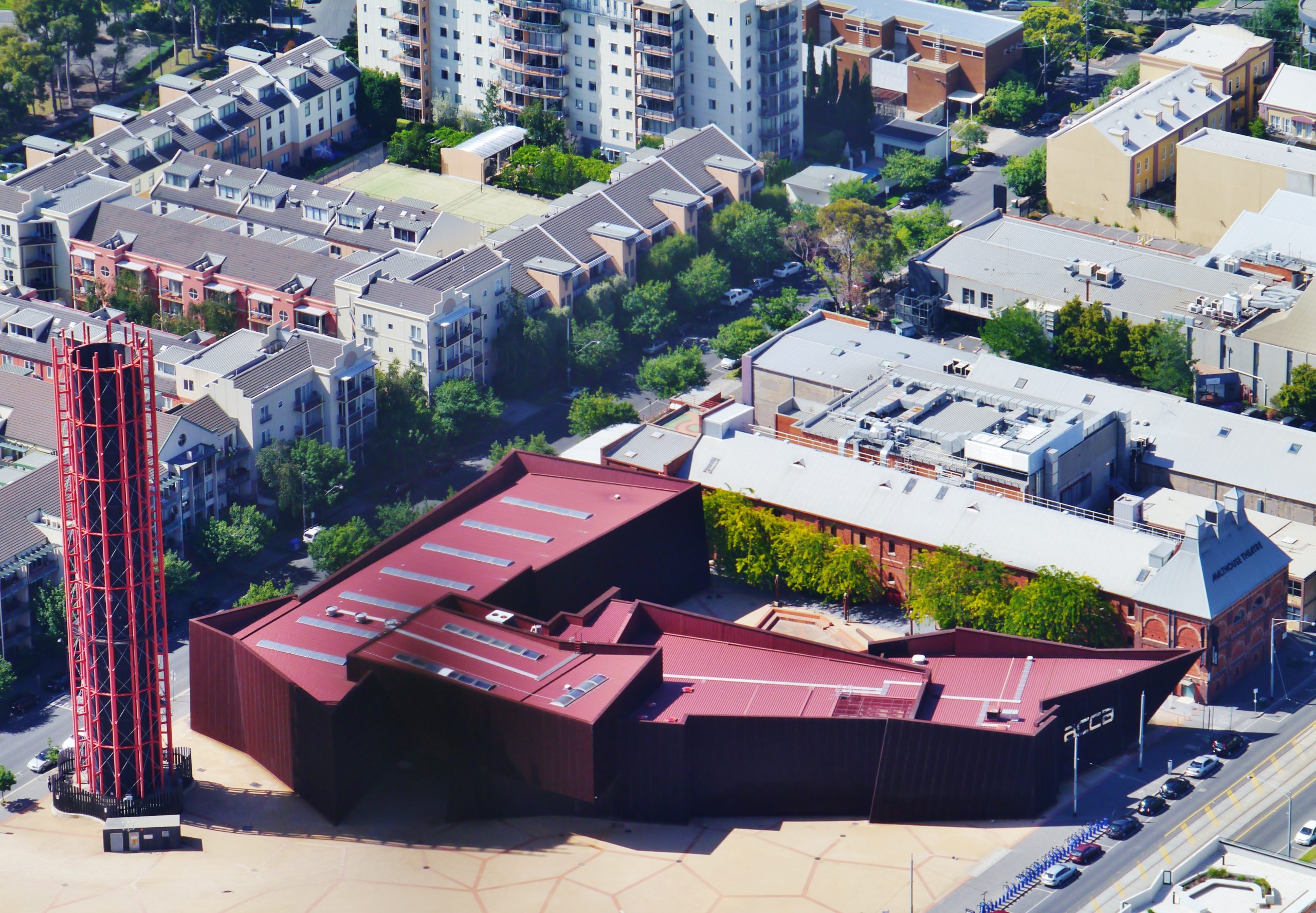 An aerial view of the red rust building of the Australian Centre for Contemporary Art (ACCA) museum in Melbourne, Australia.