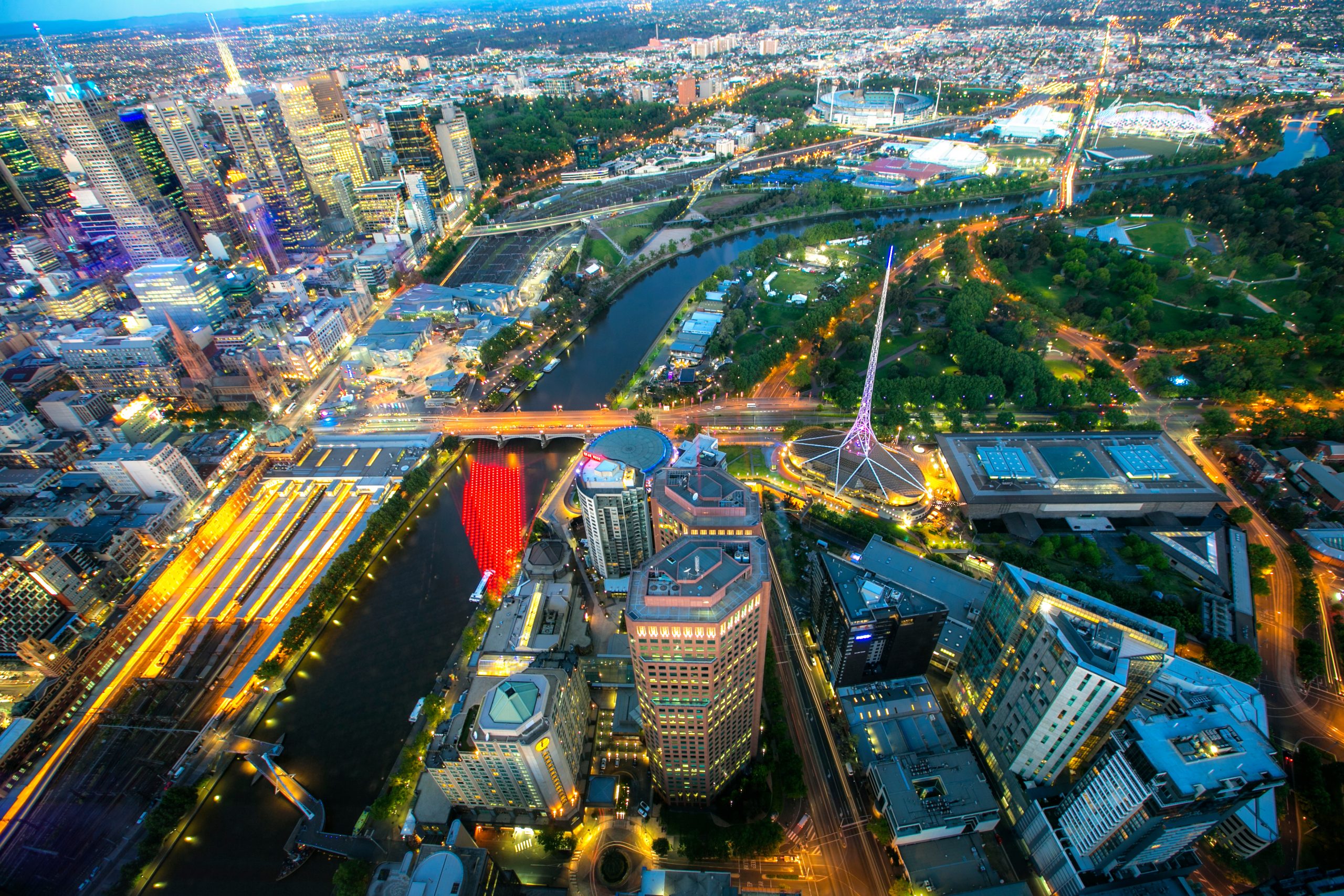 An aerial view of downtown Melbourne, Australia from inside the Eureka Skydeck.
