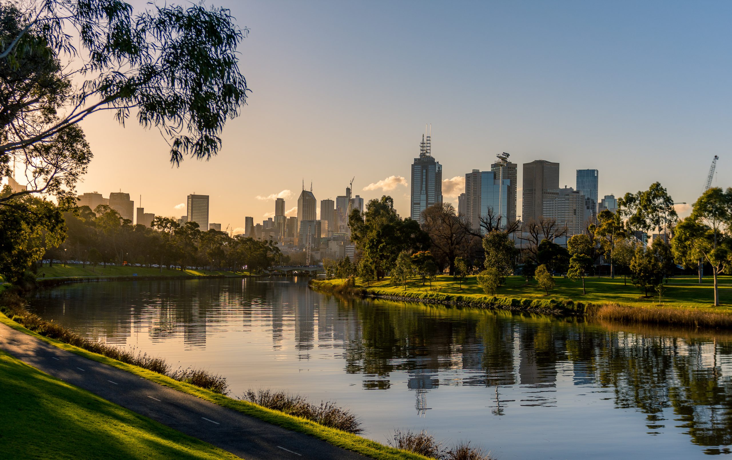 The Yarra River with the Melbourne city skyline in the background.