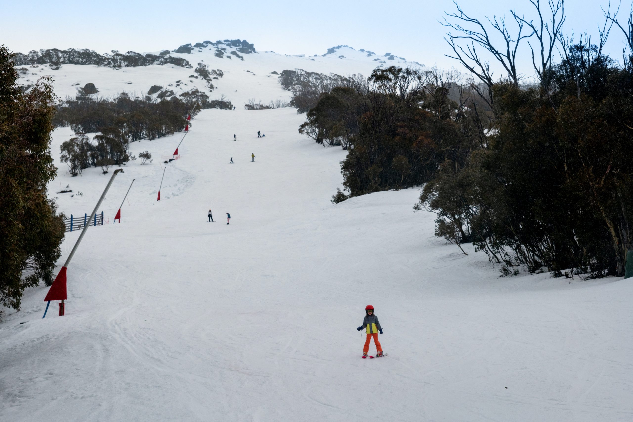 Skiers on the slopes of Thredbo in New South Wales, Australia - not far from Sydney during the winter.