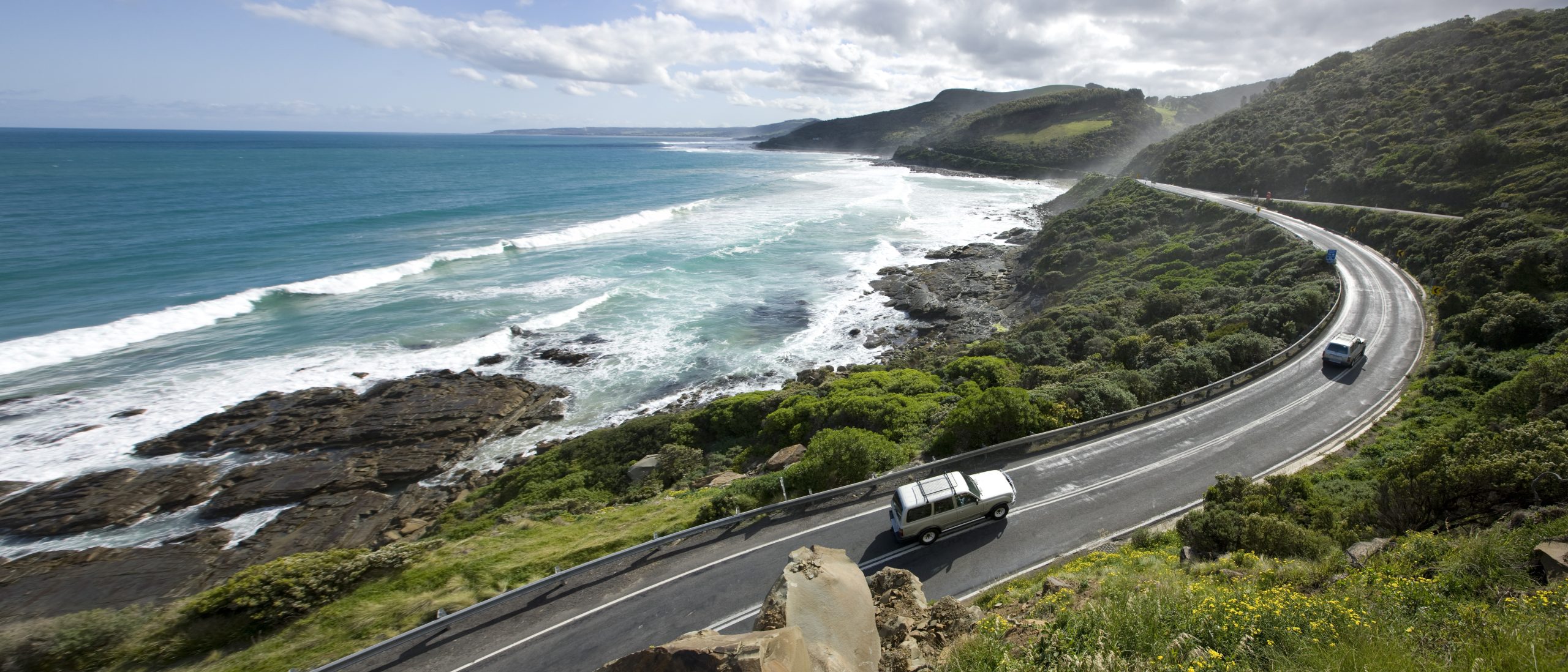 Great Otway National Park, with the winding road along the ocean shoreline.