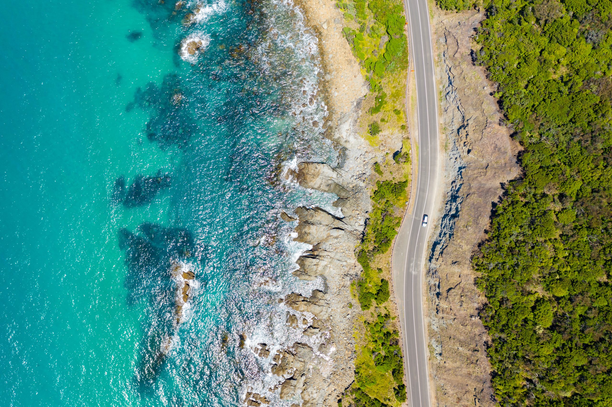 Top down aerial view of Great Ocean Road on the southern coast in Victoria, Australia